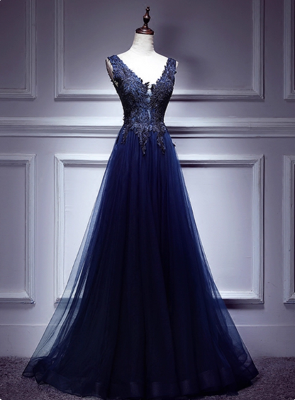 Elegantes Vintage Marineblaues V-Ausschnitt Spitzenstickerei Tüll Langes Ballkleid Abendkleid P4583