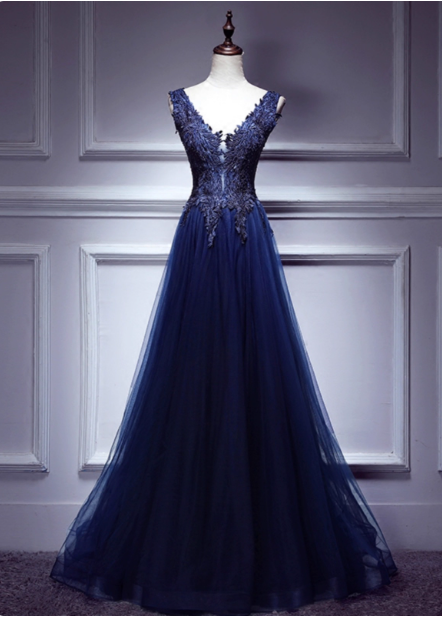 Elegant Vintage Navy Blue V-neck Lace Embroidery Tulle Long Prom Dress Evening Dress P4583