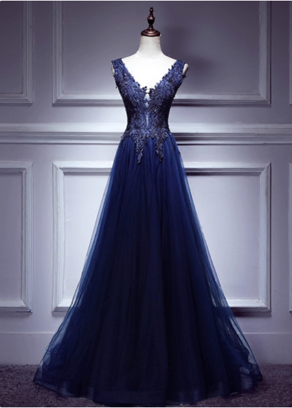 Elegantes Vintage Marineblaues V-Ausschnitt Spitzenstickerei Tüll Langes Ballkleid Abendkleid P4583