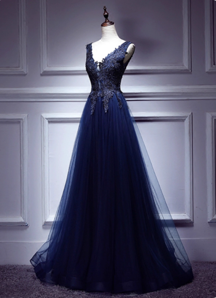 Elegant Vintage Navy Blue V-neck Lace Embroidery Tulle Long Prom Dress Evening Dress P4583