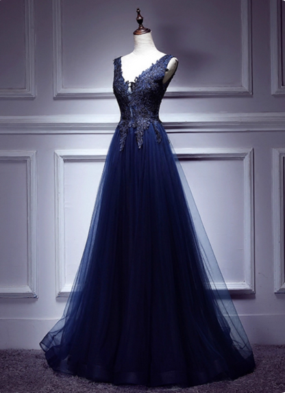 Elegantes Vintage Marineblaues V-Ausschnitt Spitzenstickerei Tüll Langes Ballkleid Abendkleid P4583