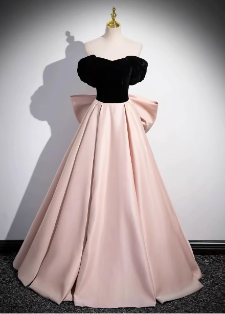 Princess Black & Pink Panel A-line Off-the-shoulder Bow Velvet Satin Long Prom Dress Evening Dress P4585