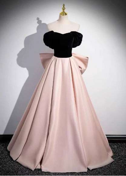 Prinzessin schwarz & pink Panel A-Linie Off-Shoulder Schleife Samt Satin langes Ballkleid Abendkleid P4585