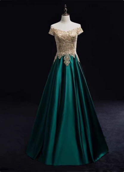 Vintage smaragdgrünes A-Linien Off-Shoulder Ballkleid aus Spitze und Satin, langes Abendkleid P4587