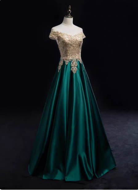 Vintage Emerald Green A-line Off-the-shoulder Lace Satin Long Prom Dress Evening Dress P4587