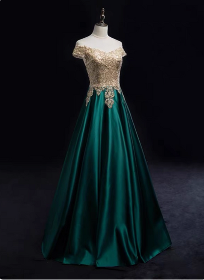 Vintage smaragdgrünes A-Linien Off-Shoulder Ballkleid aus Spitze und Satin, langes Abendkleid P4587