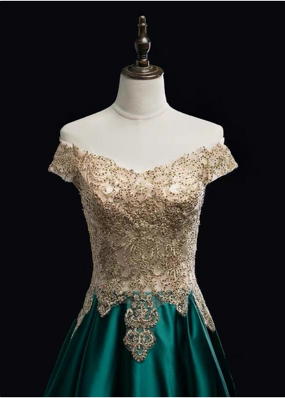 Vintage smaragdgrünes A-Linien Off-Shoulder Ballkleid aus Spitze und Satin, langes Abendkleid P4587