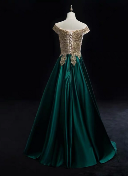 Vintage smaragdgrünes A-Linien Off-Shoulder Ballkleid aus Spitze und Satin, langes Abendkleid P4587