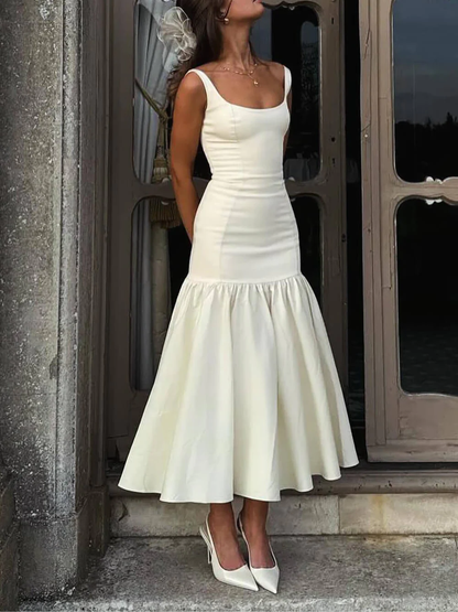 Robe de Soirée de Bal Longue Sirène Vintage à Volants Blancs Col Carré Robes Formelles P2476