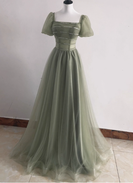 Elegant Sage Green A-line Square Neck Short Sleeve Tulle Long Prom Dress Evening Dress P4588