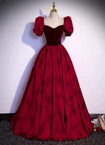 Vintage Royal Burgundy A-Linie Puffärmel Samt Satin Langes Ballkleid Abendkleid P4589