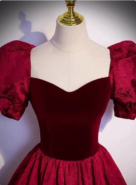 Vintage Royal Burgundy A-line Puff Sleeve Velvet Satin Long Prom Dress Evening Dress P4589