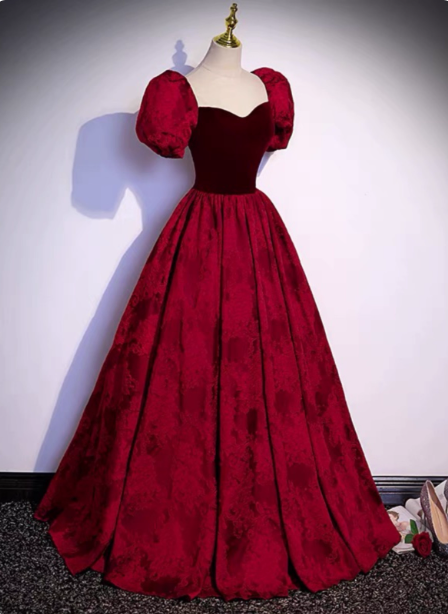 Vintage Royal Burgundy A-line Puff Sleeve Velvet Satin Long Prom Dress Evening Dress P4589