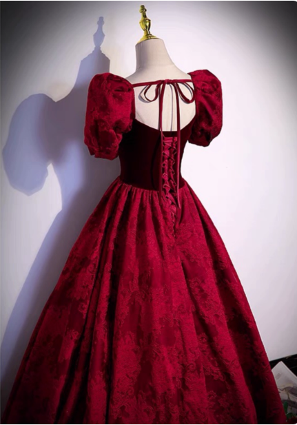 Vintage Royal Burgundy A-line Puff Sleeve Velvet Satin Long Prom Dress Evening Dress P4589