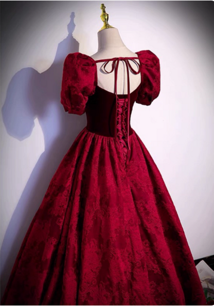Vintage Royal Burgundy A-Linie Puffärmel Samt Satin Langes Ballkleid Abendkleid P4589