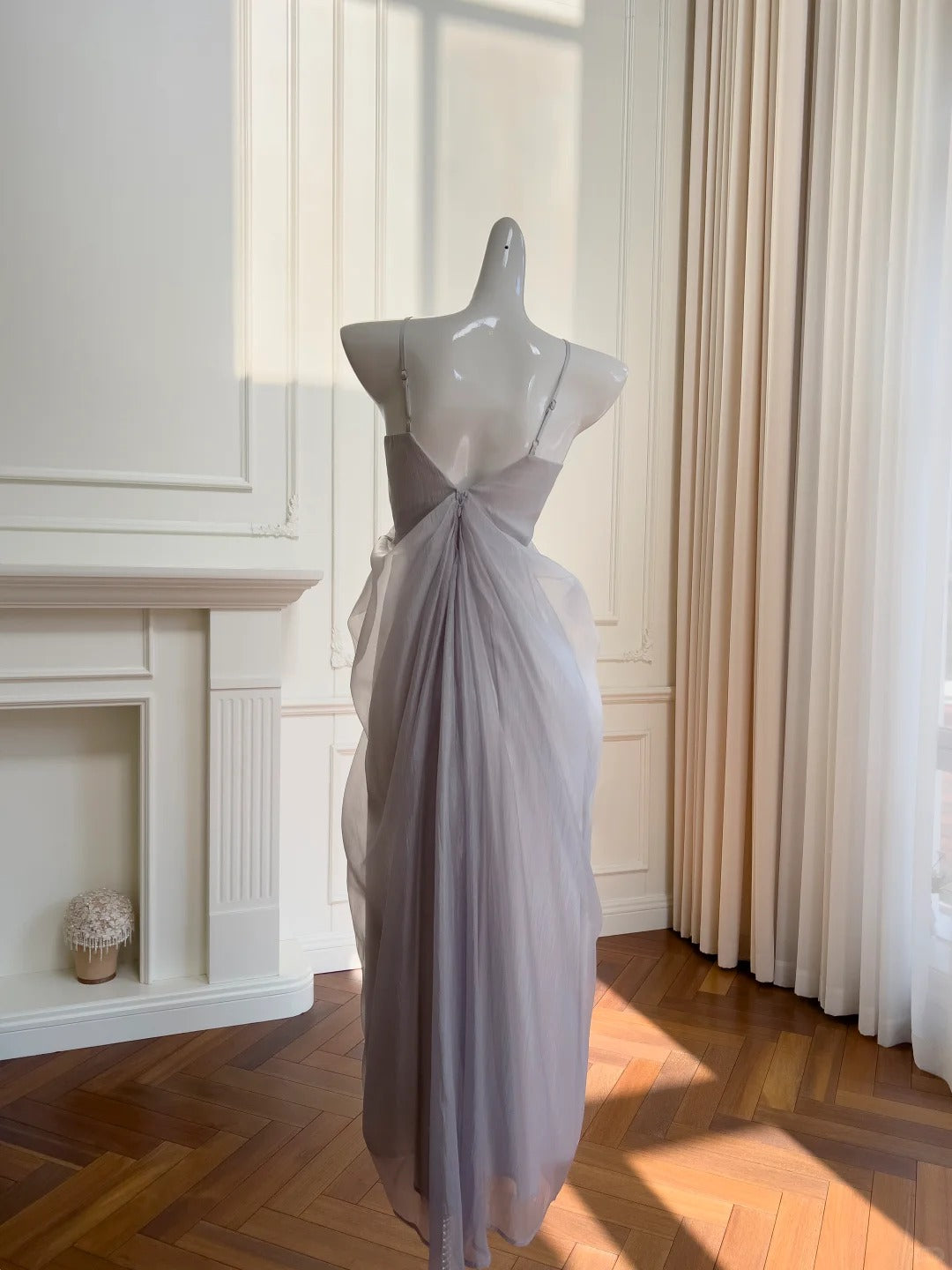 Elegant Light Purple Strappy V-neck Chiffon Long Prom Dress Evening Dress P4059