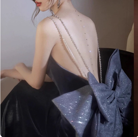 Elegant Charcoal Gray Spaghetti Strap Bow Backless Velvet Long Prom Dress Evening Dress P4590
