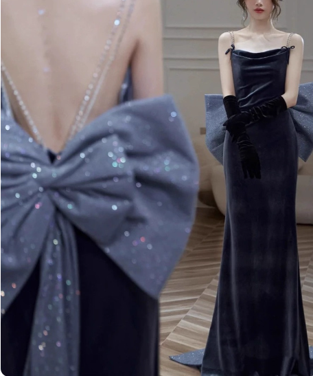 Elegant Charcoal Gray Spaghetti Strap Bow Backless Velvet Long Prom Dress Evening Dress P4590