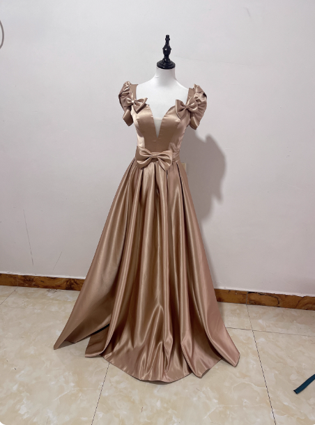 Elegant Champagne Gold Deep V-neck Bow Satin Long Prom Dress Evening Dress P4591