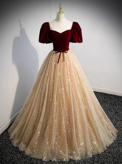 Prinzessin Burgund & Champagner Gold Panel A-Linie Kurzarm Tüll Langes Ballkleid Abendkleid P4592
