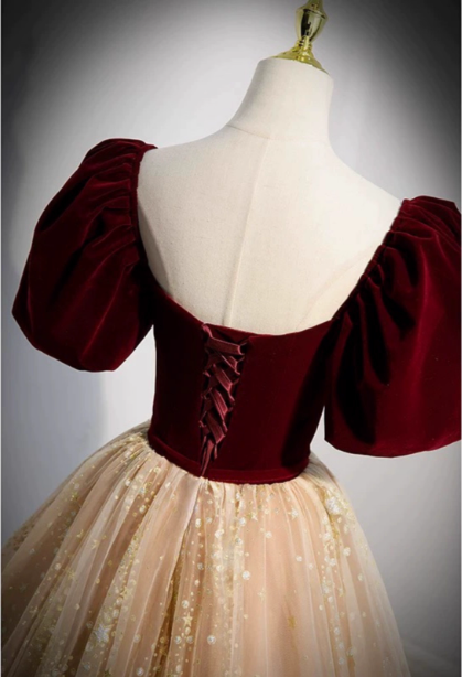 Princess Burgundy & Champagne Gold Panel A-line Short Sleeve Tulle Long Prom Dress Evening Dress P4592