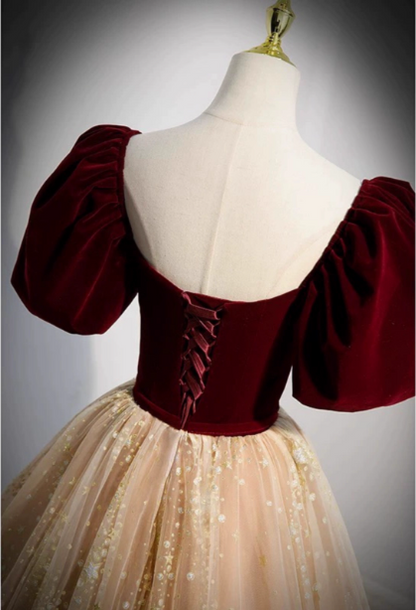 Prinzessin Burgund & Champagner Gold Panel A-Linie Kurzarm Tüll Langes Ballkleid Abendkleid P4592
