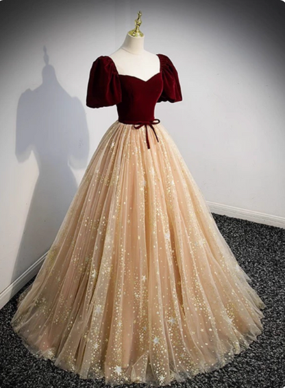 Prinzessin Burgund & Champagner Gold Panel A-Linie Kurzarm Tüll Langes Ballkleid Abendkleid P4592