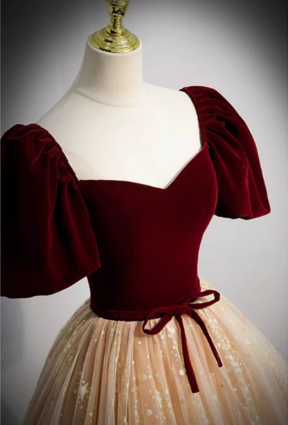 Princess Burgundy & Champagne Gold Panel A-line Short Sleeve Tulle Long Prom Dress Evening Dress P4592