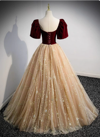 Prinzessin Burgund & Champagner Gold Panel A-Linie Kurzarm Tüll Langes Ballkleid Abendkleid P4592