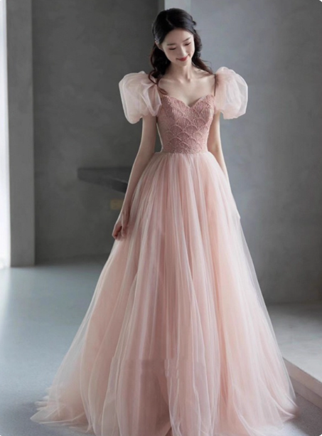 Sweet Pink A-line Puff Sleeve Beaded Tulle Long Prom Dress Evening Dress P4593