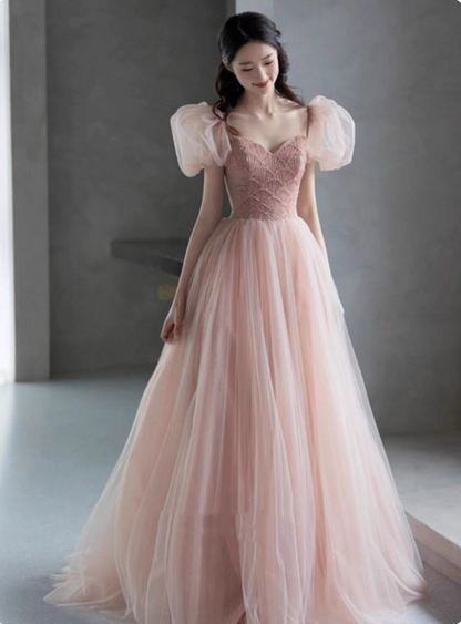 Süßes rosafarbenes A-Linien-Ballkleid mit Puffärmeln, Perlenstickerei, Tüll, langes Abschlussballkleid, Abendkleid P4593