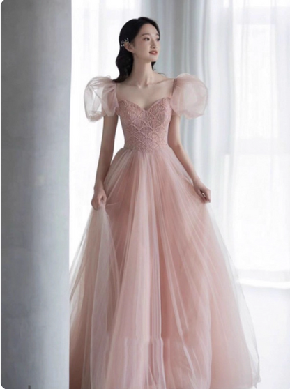 Süßes rosafarbenes A-Linien-Ballkleid mit Puffärmeln, Perlenstickerei, Tüll, langes Abschlussballkleid, Abendkleid P4593