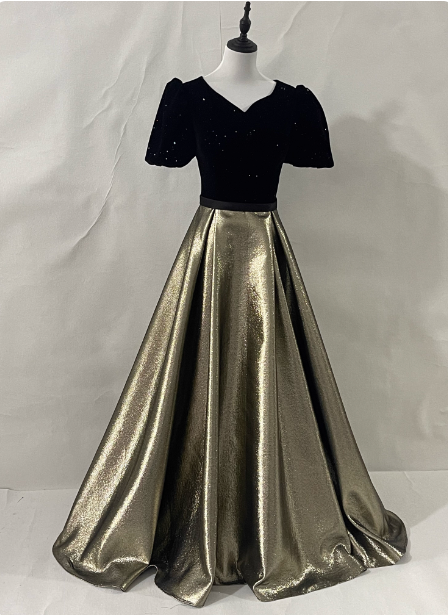 Vintage Black & Gold Panel A-line V-neck Short Sleeve Velvet Satin Long Prom Dress Evening Dress P4594