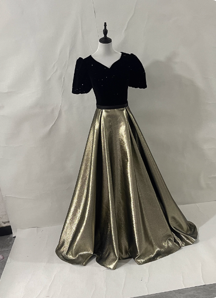 Vintage Black & Gold Panel A-line V-neck Short Sleeve Velvet Satin Long Prom Dress Evening Dress P4594