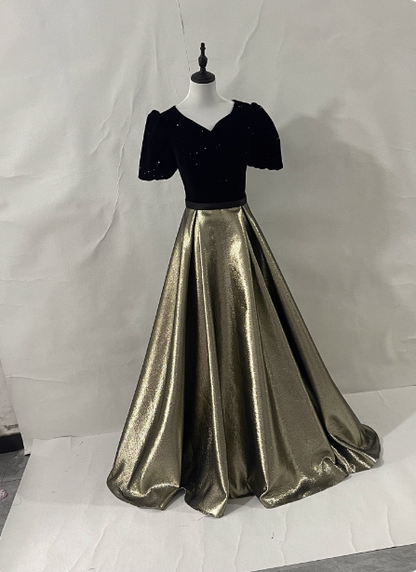 Vintage A-Linien Ballkleid Abendkleid in Schwarz & Gold mit V-Ausschnitt und kurzen Ärmeln aus Samt und Satin P4594