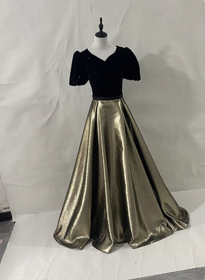 Vintage A-Linien Ballkleid Abendkleid in Schwarz & Gold mit V-Ausschnitt und kurzen Ärmeln aus Samt und Satin P4594