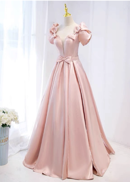 Sweet Pink A-line Puff Sleeve Bow Satin Long Prom Dress Evening Dress P4595