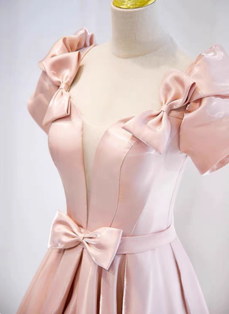 Sweet Pink A-line Puff Sleeve Bow Satin Long Prom Dress Evening Dress P4595