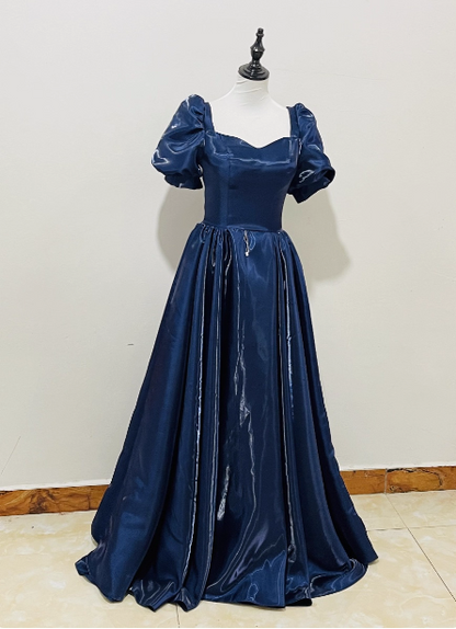Elegantes marineblaues Satin-Abendkleid P4596 mit Puffärmeln