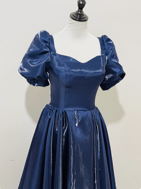 Elegant Navy Blue Puffed Short Sleeve Satin Long Prom Dress Evening Dress P4596