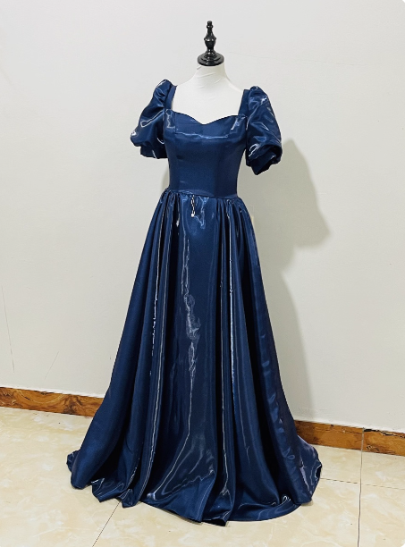 Elegant Navy Blue Puffed Short Sleeve Satin Long Prom Dress Evening Dress P4596