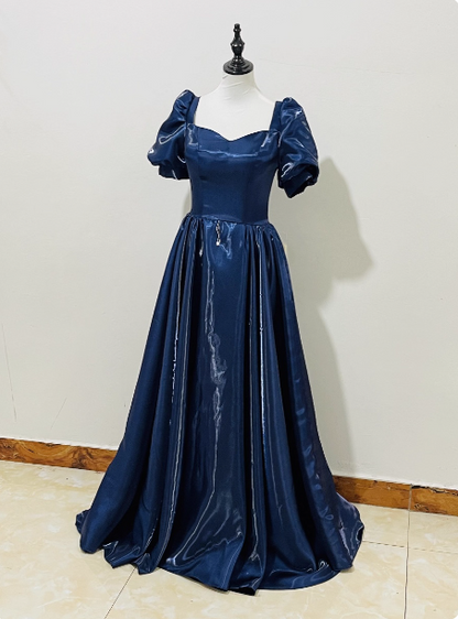 Elegantes marineblaues Satin-Abendkleid P4596 mit Puffärmeln