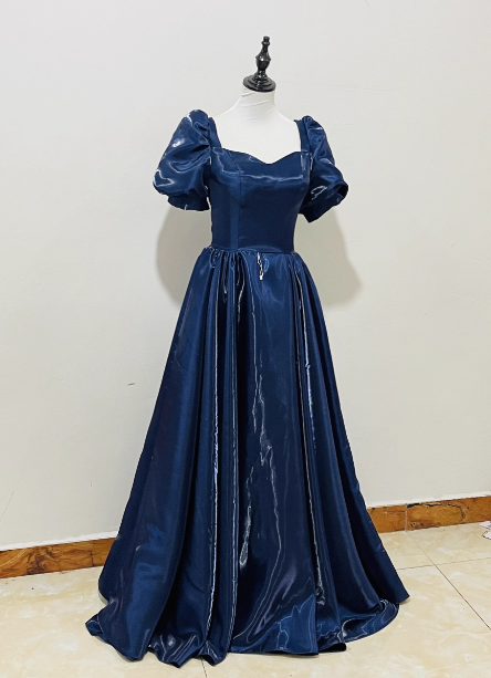 Elegant Navy Blue Puffed Short Sleeve Satin Long Prom Dress Evening Dress P4596