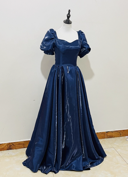 Elegantes marineblaues Satin-Abendkleid P4596 mit Puffärmeln
