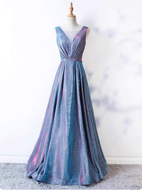 Dreamy Starry Sky Gradient Purple-Blue V-neck Satin Long Prom Dress Evening Dress P4597