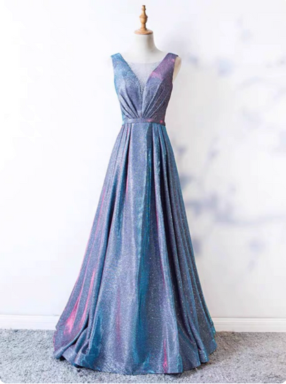 Verträumter Sternenhimmel Gradient Lila-Blau V-Ausschnitt Satin Langes Ballkleid Abendkleid P4597