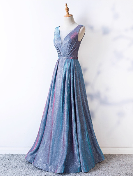 Dreamy Starry Sky Gradient Purple-Blue V-neck Satin Long Prom Dress Evening Dress P4597