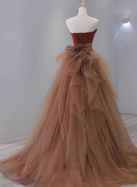 Elegant Caramel Brown Mermaid Strapless Tulle Satin Train Prom Dress Evening Dress P4598