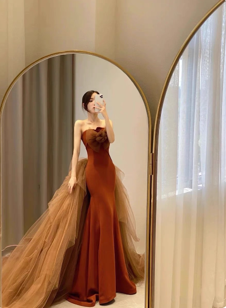 Elegant Caramel Brown Mermaid Strapless Tulle Satin Train Prom Dress Evening Dress P4598