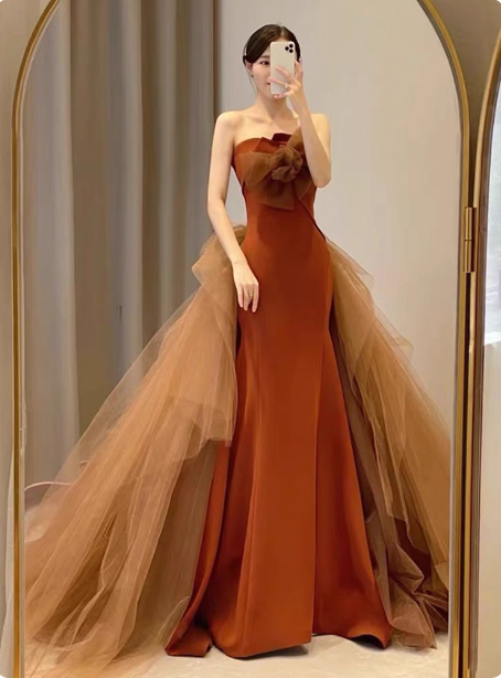 Elegant Caramel Brown Mermaid Strapless Tulle Satin Train Prom Dress Evening Dress P4598